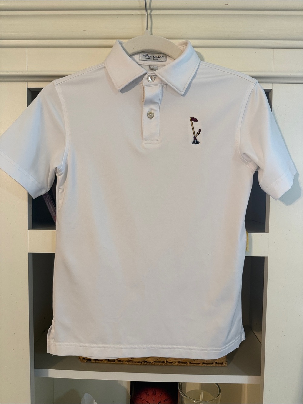 Peter Millar White Boys' Polo with Golf Flag Embroidery